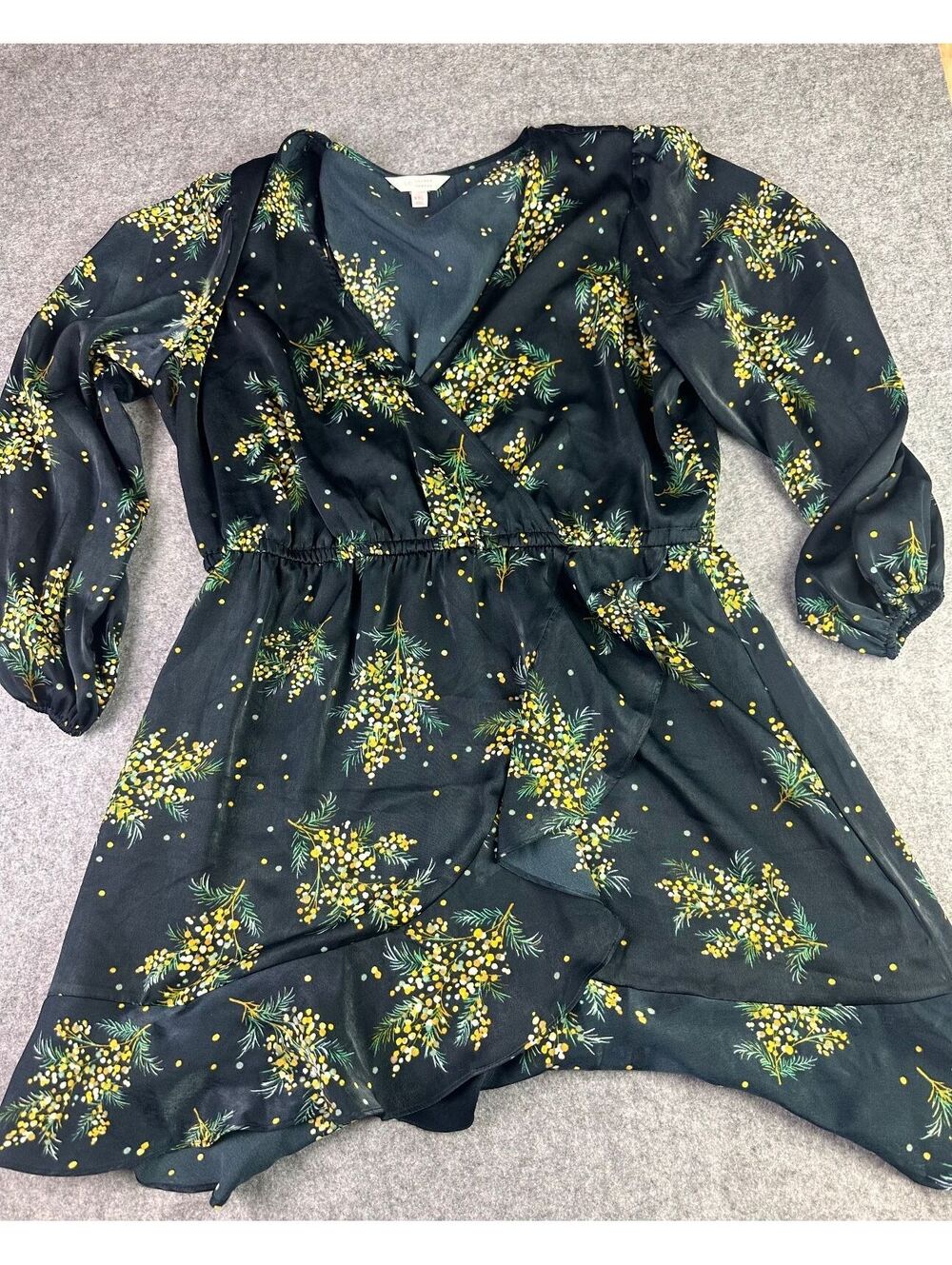 LC Lauren Conrad XXL Blacandk Floral Wrap Dress Yellow Mimosa Boho Cottagecore